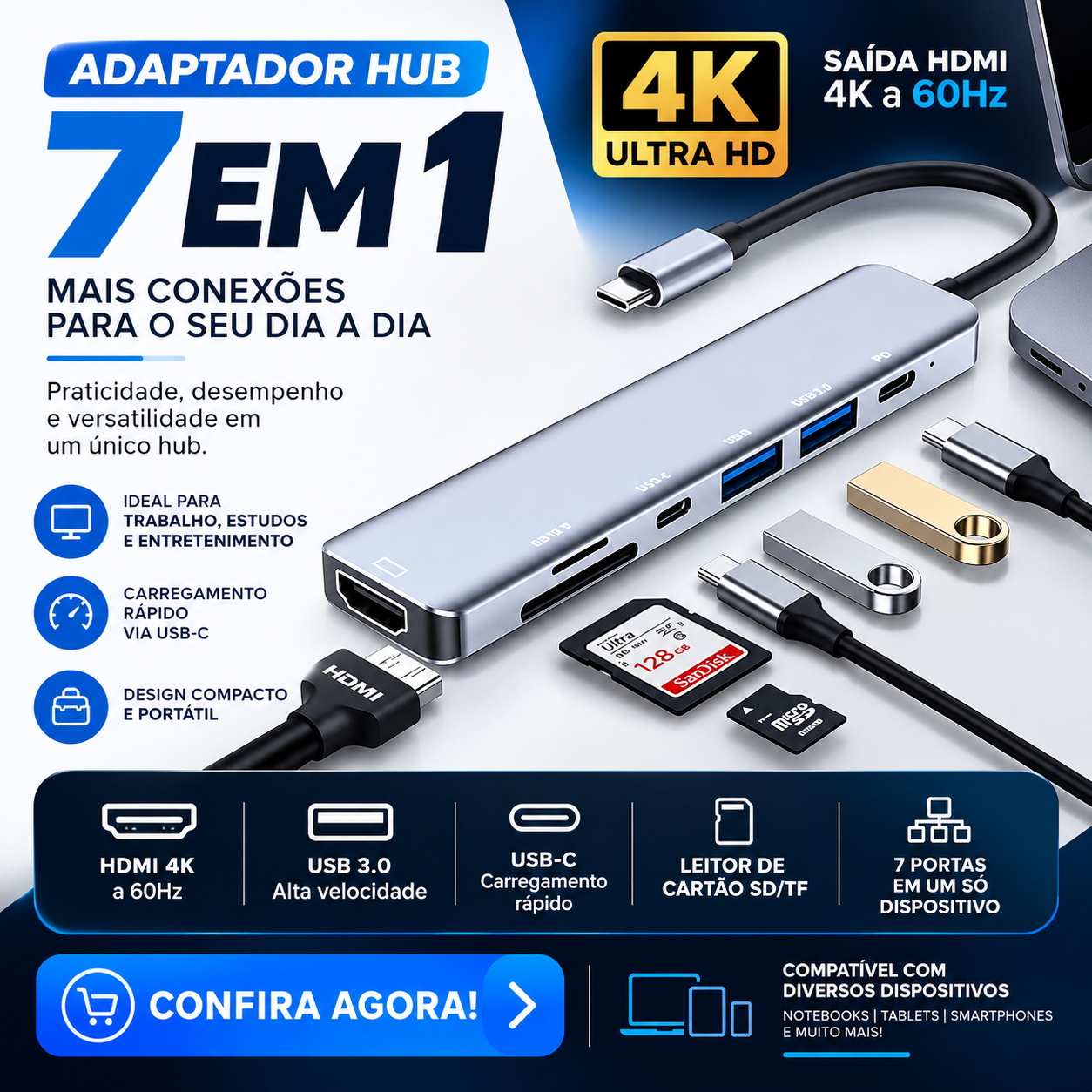 Adaptador Hub 7 em 1 USB-C Premium com Saída HDMI 4K a 60Hz, 7 Portas, USB 3.0, Leitor de Cartão SD, Fonte de Alimentação Tipo C, Carregamento Rápido Multiportas
