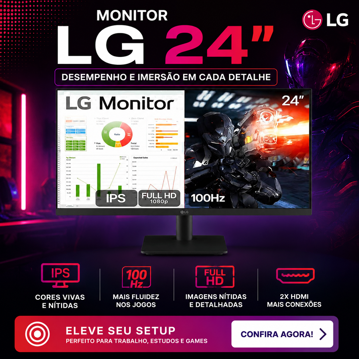 Monitor PC Gamer LG 24” IPS 100Hz Full HD HDMI 2x, Preto - 24MS500