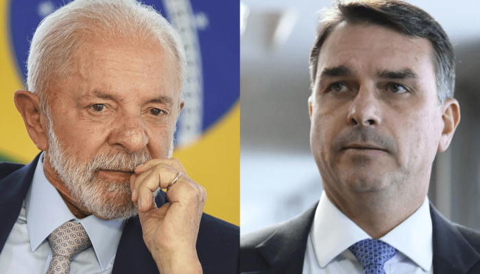 O presidente Lula, à esquerda, e o senador Flávio Bolsonaro, à direita  • Reprodução