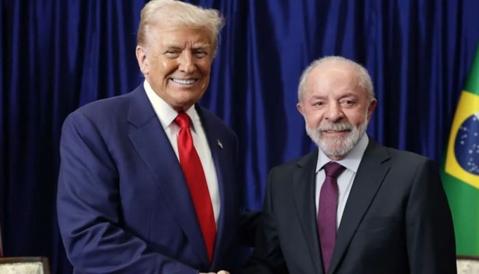 Imagem de Donald Trump e Luiz Inácio Lula da Silva foi mostrada durante o pronunciamento de Nata...