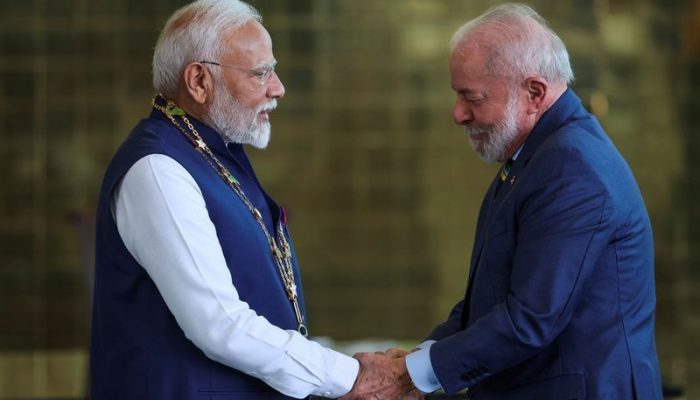 Primeiro-ministro da Índia, Narendra Modi, e o presidente Luiz Inácio Lula da Silva, durante ce...